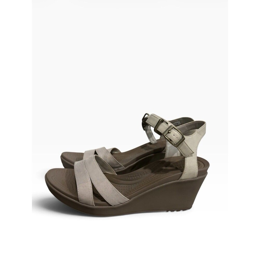 Crocs Leigh II Ankle Strap Wedge Sandals Tan Khaki Canvas Women's Size 11